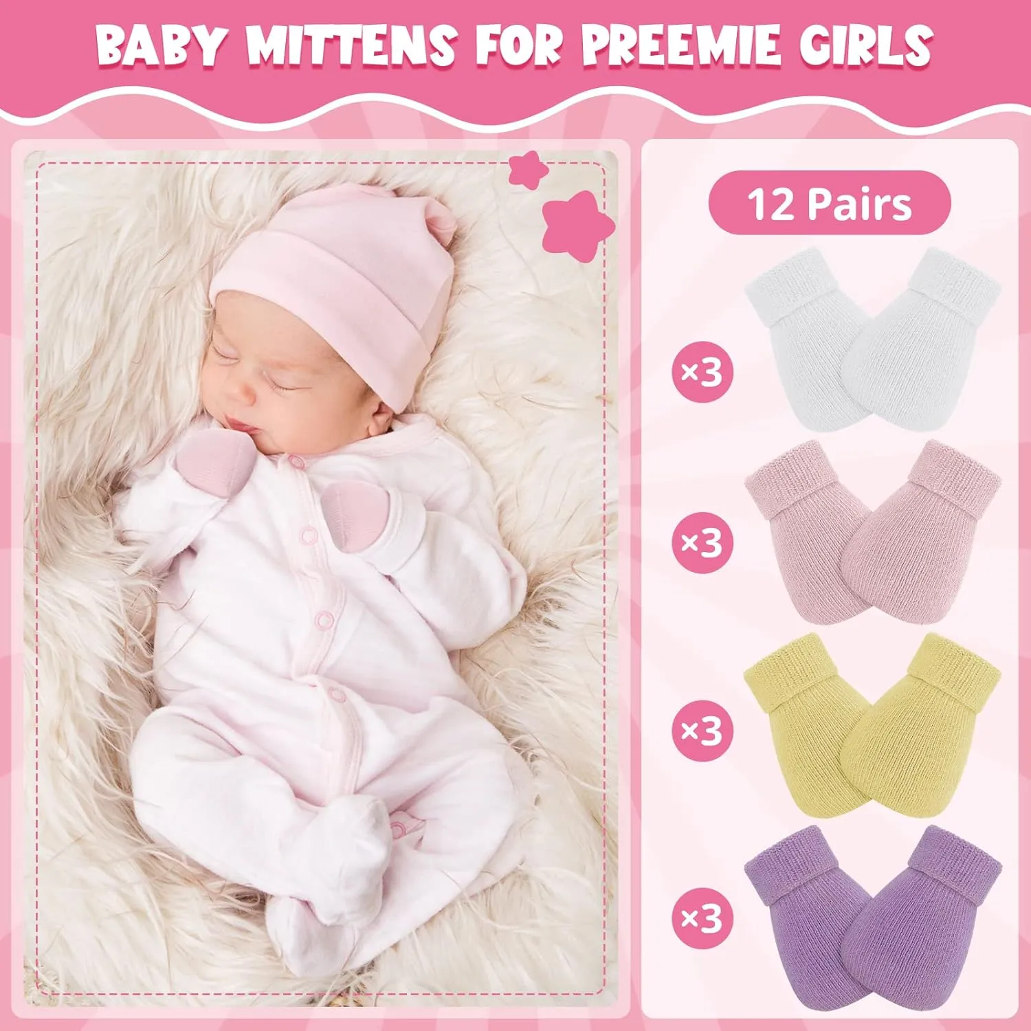 12 Pairs Baby Preemie Mittens Preemie Gloves No Scratch Baby Mittens Newborn Cotton Gloves for Premature Newborn Girls Boys