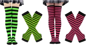 4 Pairs Womens Striped Arm Warmers Goth Y2K Knitted Fingerless Gloves with Long Knee High Socks Set