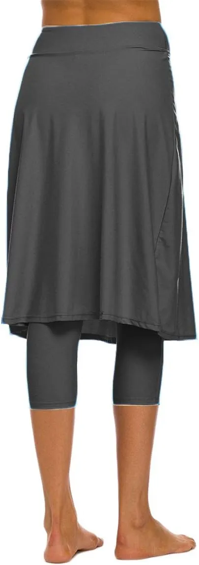 Akaeys Women's Modest Extra Long Swim Skirt with Capris Leggings Active Skirted Swimwear