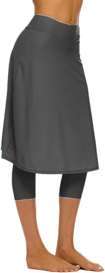 Akaeys Women's Modest Extra Long Swim Skirt with Capris Leggings Active Skirted Swimwear