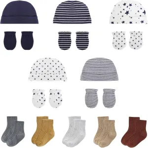 Baby Boy Girl Cotton Hat Mitten Sock Set 15 Pack Infant Essential Accessories for 0-6 Months