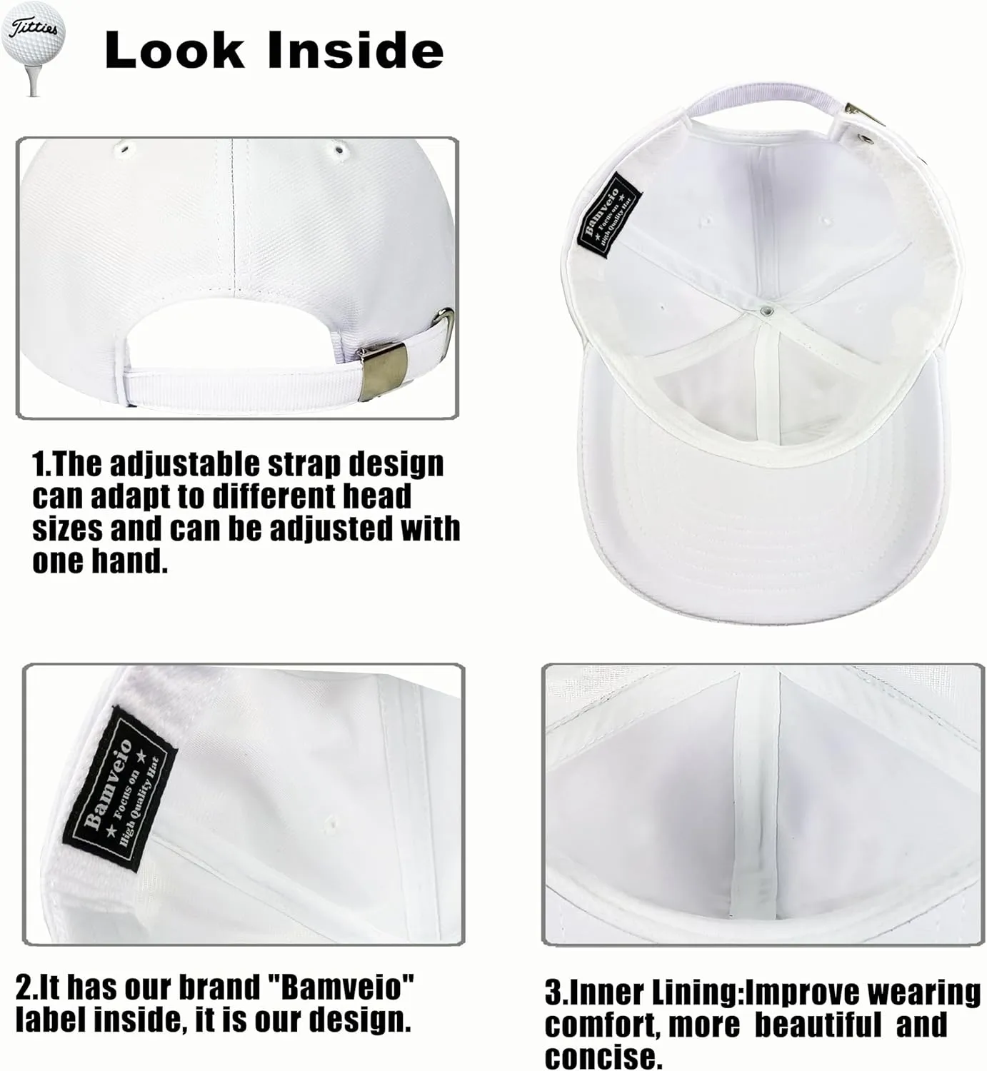 Bamveio Titties Hat Tittiess Golf Hats for Men Women,Funny Tittes Hat, Titliest Cap, White and Black