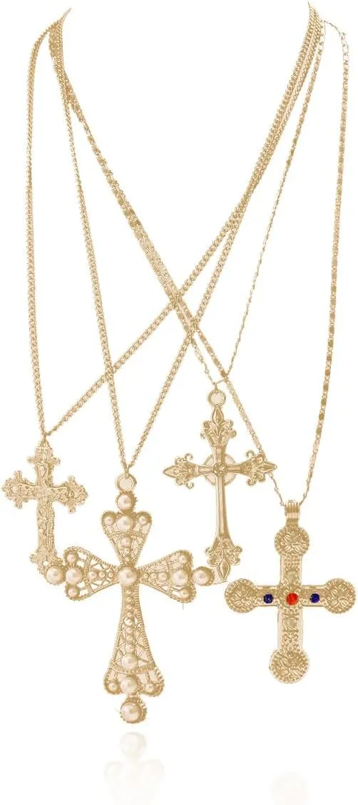 Cross Pendant Necklace Set for Women Punk Grunge Imitation Pearl Cross Layered Chain Necklace Statement Y2K Jewelry