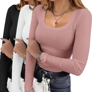 Ekouaer Womens 3 Pack Long Sleeve Shirts Square Neck Basic Ribbed Tops Tee Thermal Undershirts XS-XXL