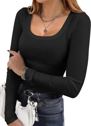 Ekouaer Womens Long Sleeve Shirts Square Neck Slim Fit Basic Tops Ribbed Thermal Undershirts Layering Tee