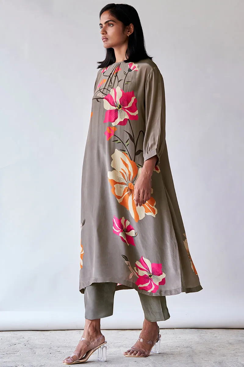 Grey Floral Printed Bemberg Silk Co-ord Set