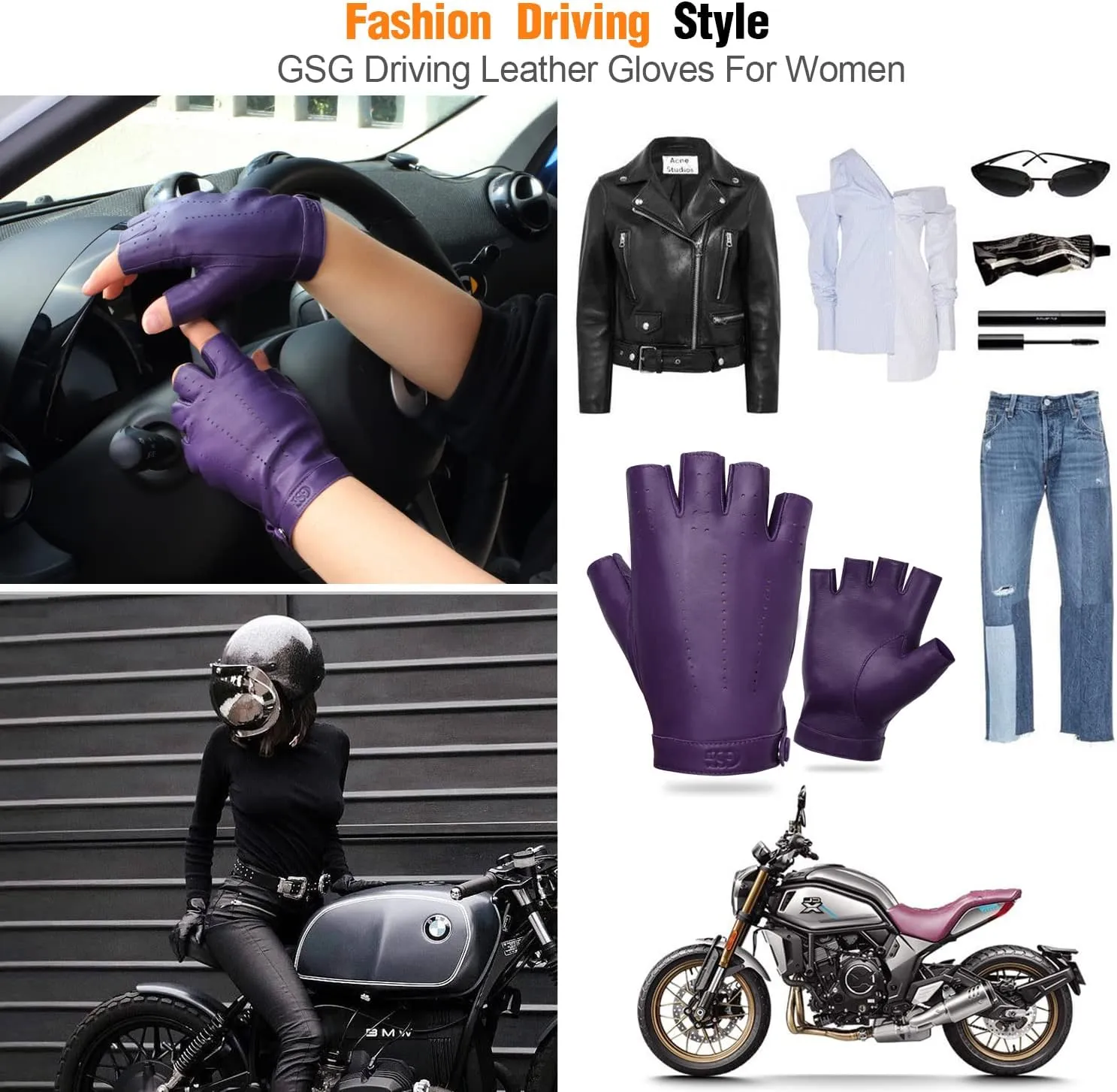 GSG Women Fingerless Leather Gloves - Driving Motorcycle Biker Gloves - Unlined Half Finger