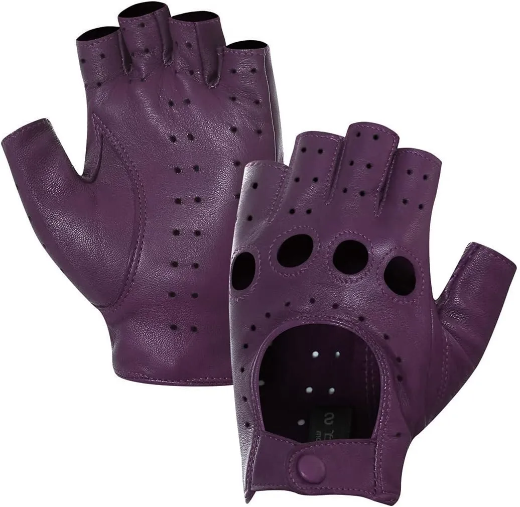 Harssidanzar Womens Lambskin Leather Fingerless Gloves Unlined Half Finger Driving GL012