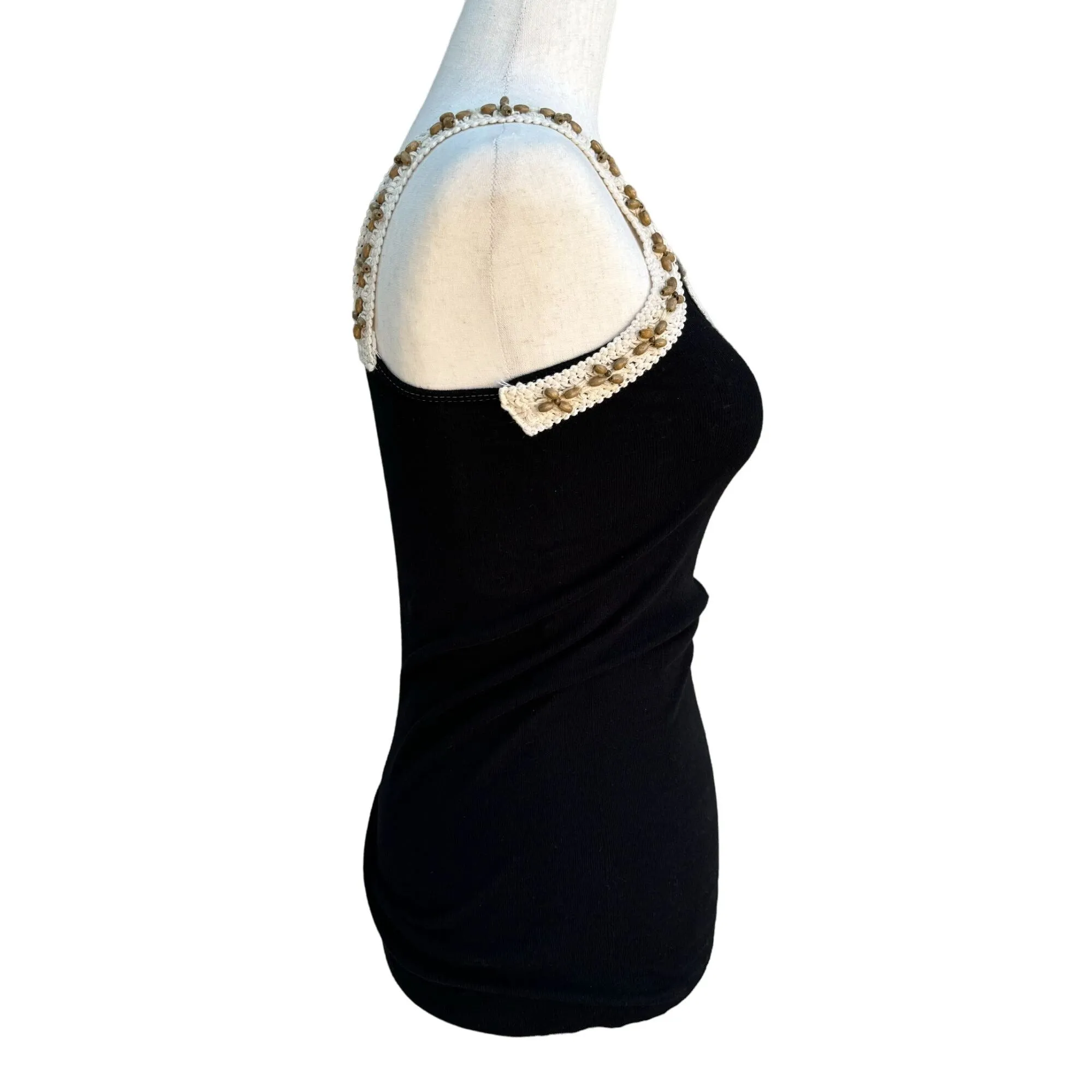 John Eshaya Ts JET Women's Black Lace Crochet Wooden Beaded Scoop Neck Tank Top