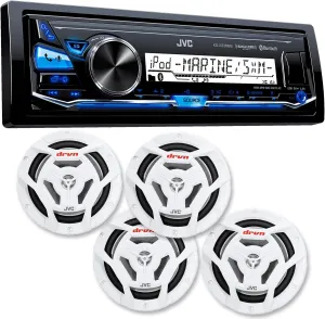 JVC KD-X33MBS Mechless Bluetooth Marine Radio and two pairs of JVC CS-DR6201MW 6.5" White Marine Coaxial Speakers