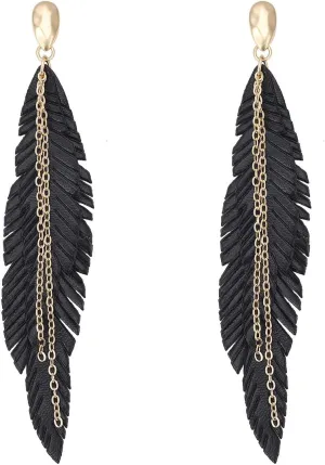 NVENF Feather Tassel Dangle Earrings for Women Bohemian Faux Leather Plume Gold-tone Metal Chain Fringe Statement Drop Earrings Vintage Ethnic Style Jewelry