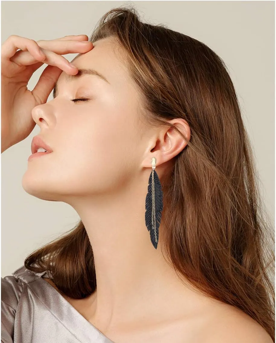 NVENF Feather Tassel Dangle Earrings for Women Bohemian Faux Leather Plume Gold-tone Metal Chain Fringe Statement Drop Earrings Vintage Ethnic Style Jewelry