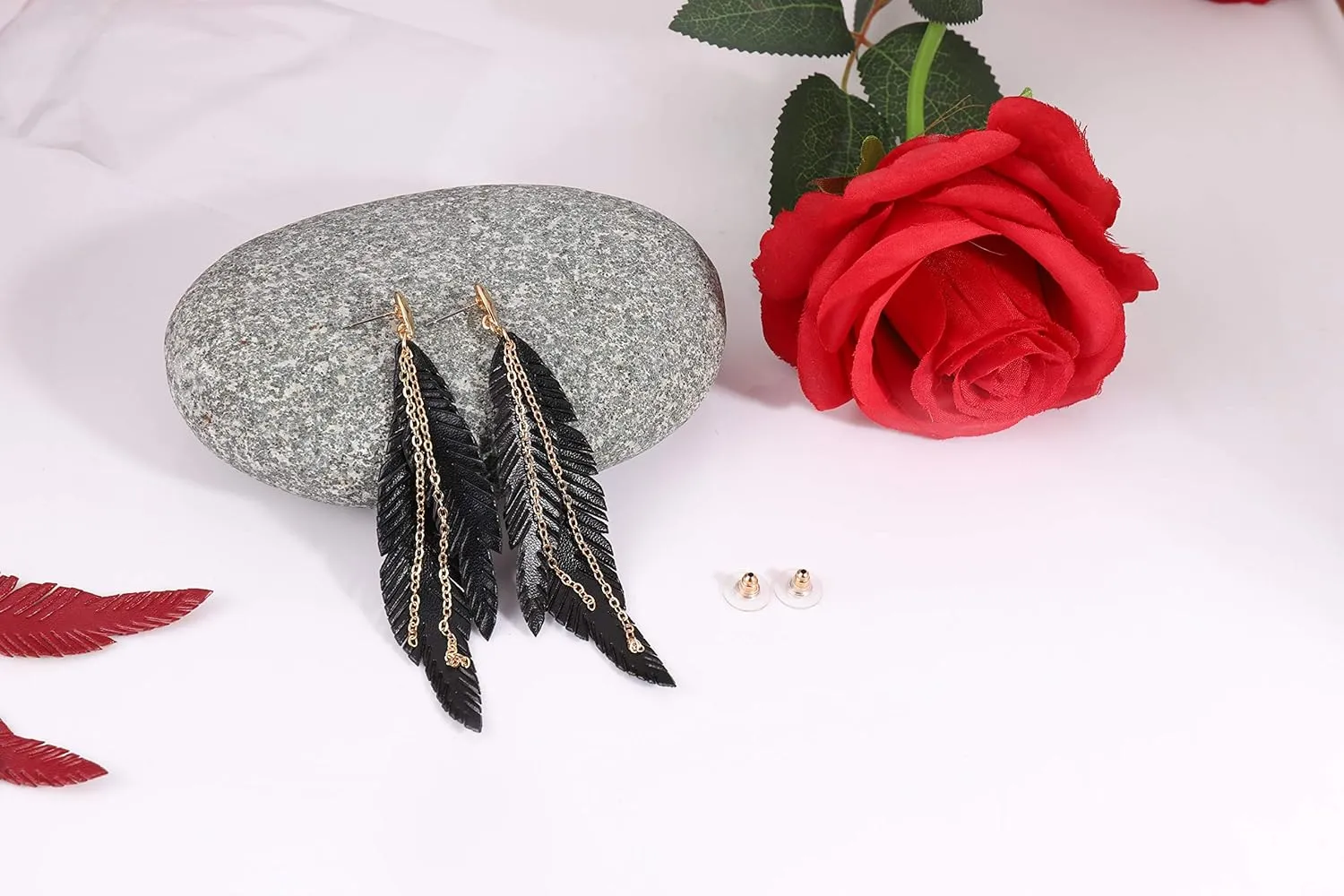 NVENF Feather Tassel Dangle Earrings for Women Bohemian Faux Leather Plume Gold-tone Metal Chain Fringe Statement Drop Earrings Vintage Ethnic Style Jewelry
