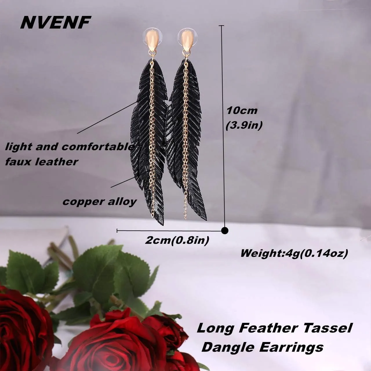 NVENF Feather Tassel Dangle Earrings for Women Bohemian Faux Leather Plume Gold-tone Metal Chain Fringe Statement Drop Earrings Vintage Ethnic Style Jewelry