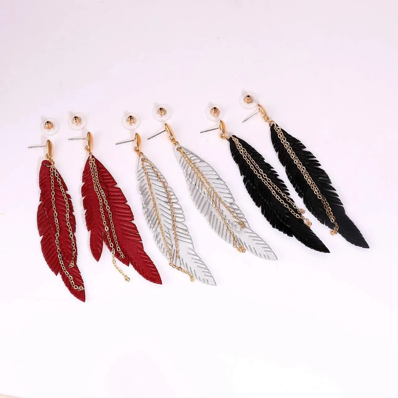 NVENF Feather Tassel Dangle Earrings for Women Bohemian Faux Leather Plume Gold-tone Metal Chain Fringe Statement Drop Earrings Vintage Ethnic Style Jewelry