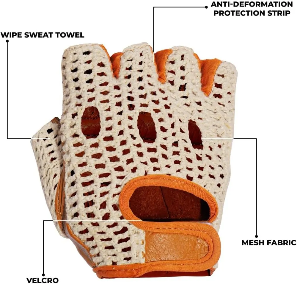 Real Soft Leather Crochet Net Fingerless Driving Weight Training Cycling Wheelchair Gloves W-1037