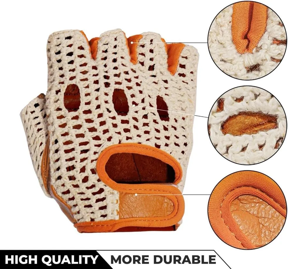 Real Soft Leather Crochet Net Fingerless Driving Weight Training Cycling Wheelchair Gloves W-1037