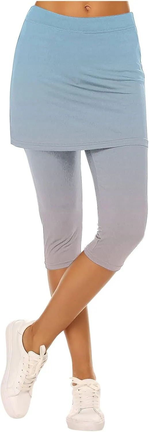 Skirted Leggings for Women Tennis Golf Skorts Capris Gym Yoga Legging with Skirts Gradient Color Workout Capri Pants