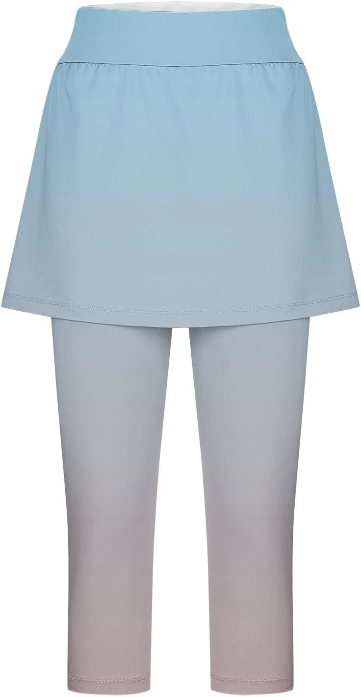 Skirted Leggings for Women Tennis Golf Skorts Capris Gym Yoga Legging with Skirts Gradient Color Workout Capri Pants