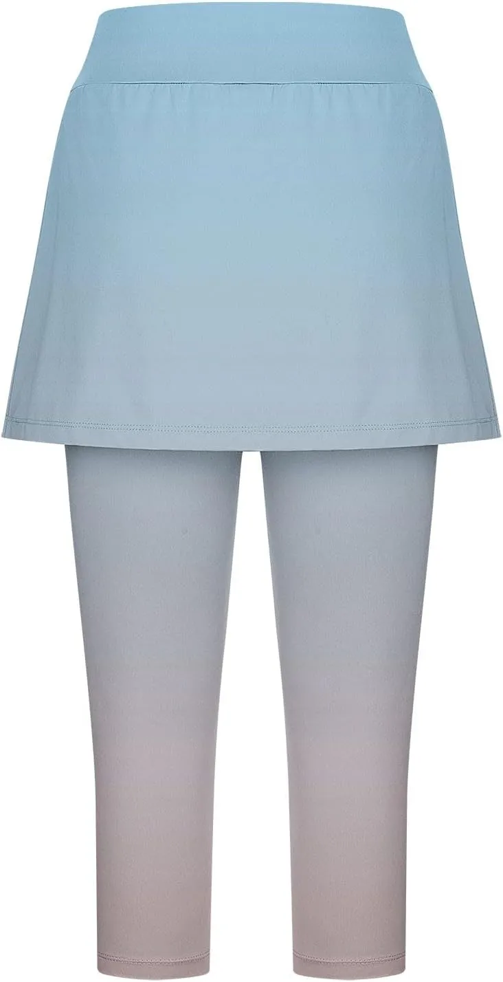 Skirted Leggings for Women Tennis Golf Skorts Capris Gym Yoga Legging with Skirts Gradient Color Workout Capri Pants