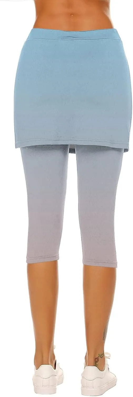 Skirted Leggings for Women Tennis Golf Skorts Capris Gym Yoga Legging with Skirts Gradient Color Workout Capri Pants