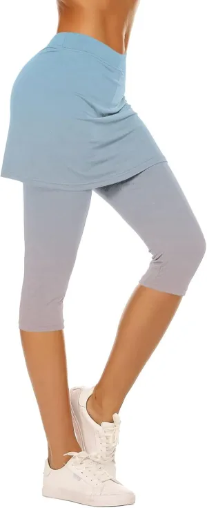 Skirted Leggings for Women Tennis Golf Skorts Capris Gym Yoga Legging with Skirts Gradient Color Workout Capri Pants