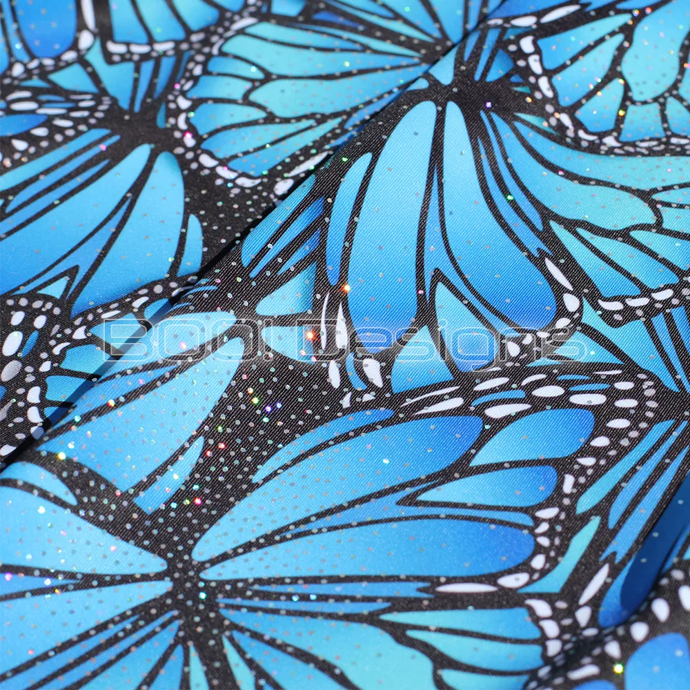 Spandex Butterflies Blue - Glitter Stardust