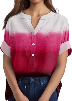 Summer Tops for Women Cotton Linen Button Down Shirts Henley Neck Short Sleeve Loose Casual Lightweight Tunic Blouses