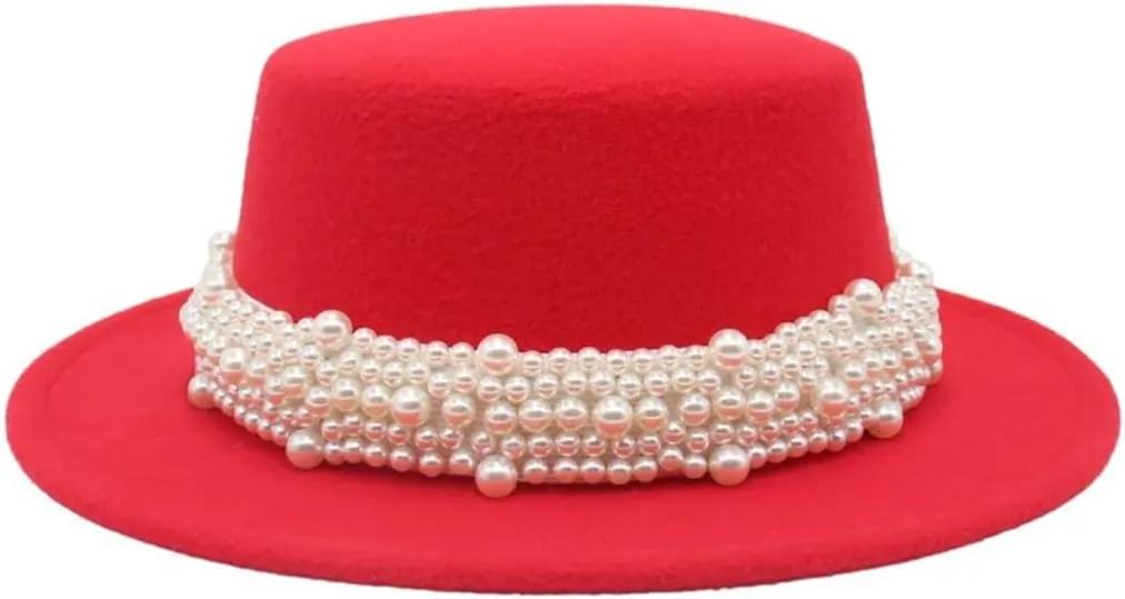 Unisex Flat Top Fedoras Hats Solid Color Pearl Accessories Jazz Cap Men Women French Elegant Top Hat