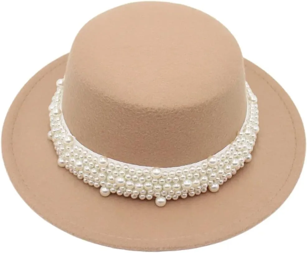 Unisex Flat Top Fedoras Hats Solid Color Pearl Accessories Jazz Cap Men Women French Elegant Top Hat