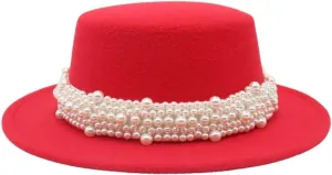 Unisex Flat Top Fedoras Hats Solid Color Pearl Accessories Jazz Cap Men Women French Elegant Top Hat