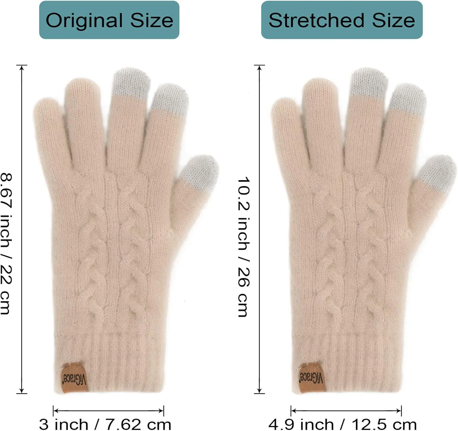 ViGrace Women's Winter Warm Touch Screen Gloves Cable Knit Wool Fleece Lined Touchscreen Texting Mittens for Women