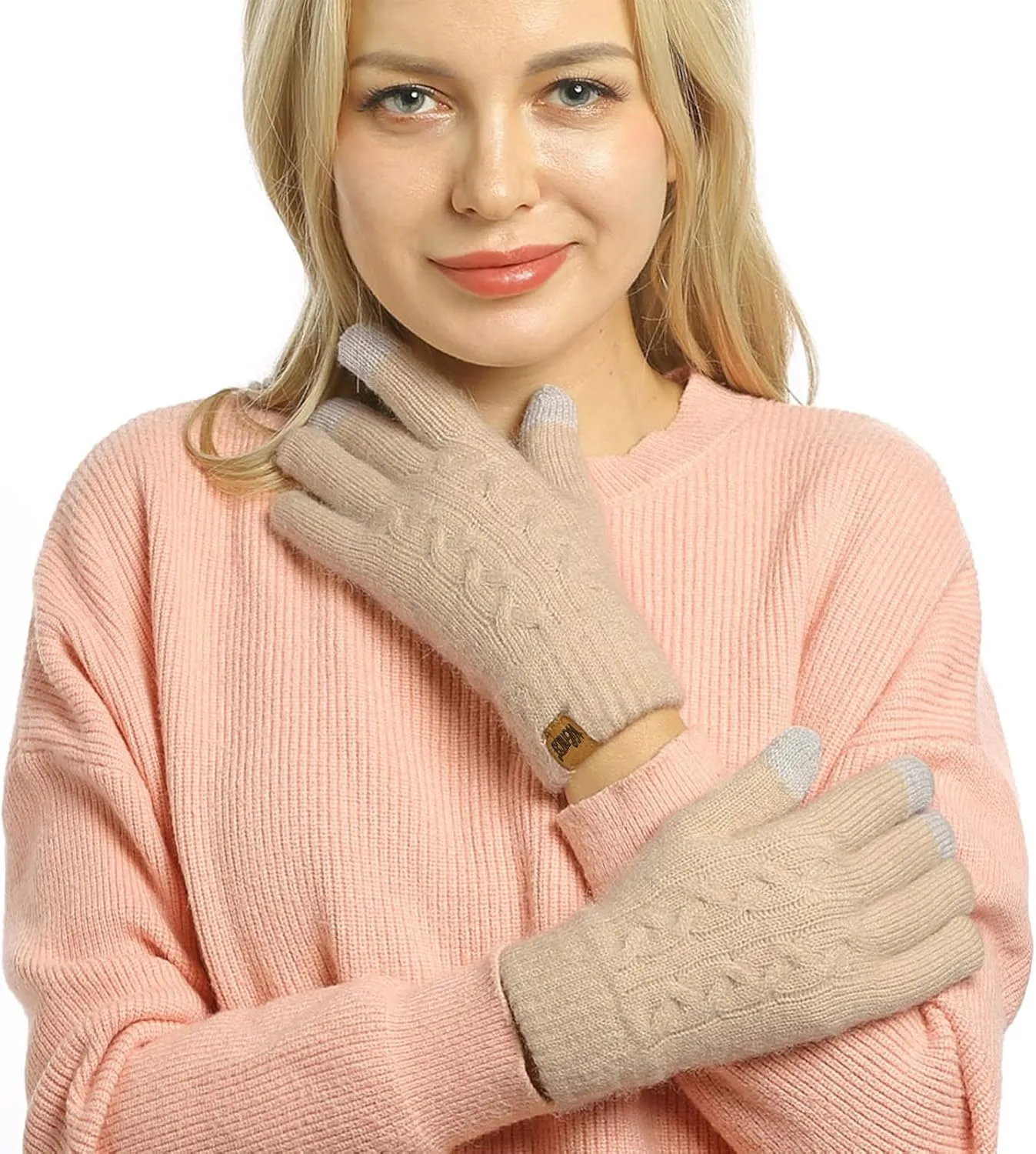 ViGrace Women's Winter Warm Touch Screen Gloves Cable Knit Wool Fleece Lined Touchscreen Texting Mittens for Women