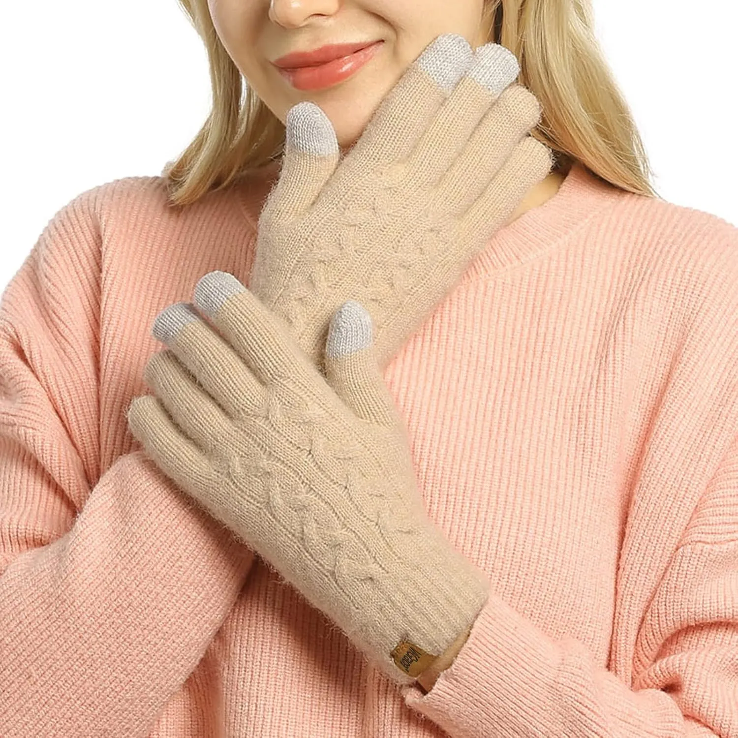 ViGrace Women's Winter Warm Touch Screen Gloves Cable Knit Wool Fleece Lined Touchscreen Texting Mittens for Women