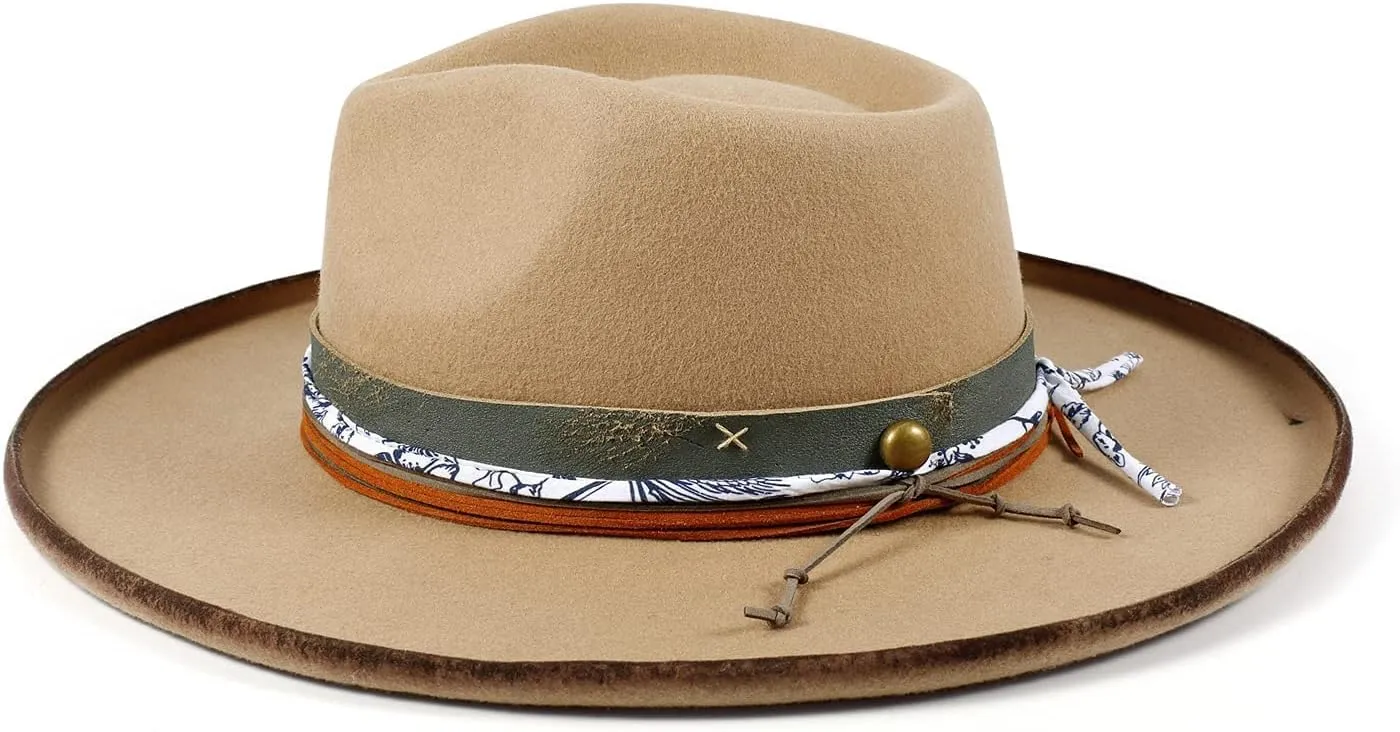 Vintage Wide Brim Fedora Hats for Mens Women 100% Wool Felt Panama Rancher Hat with Lightning Logo Distressed/Burned