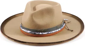 Vintage Wide Brim Fedora Hats for Mens Women 100% Wool Felt Panama Rancher Hat with Lightning Logo Distressed/Burned