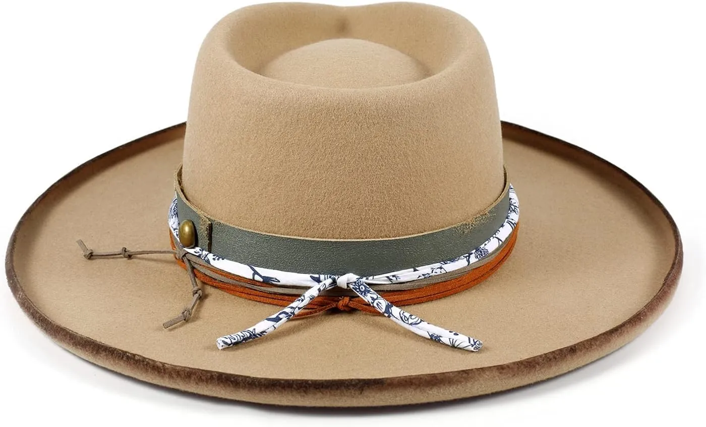 Vintage Wide Brim Fedora Hats for Mens Women 100% Wool Felt Panama Rancher Hat with Lightning Logo Distressed/Burned
