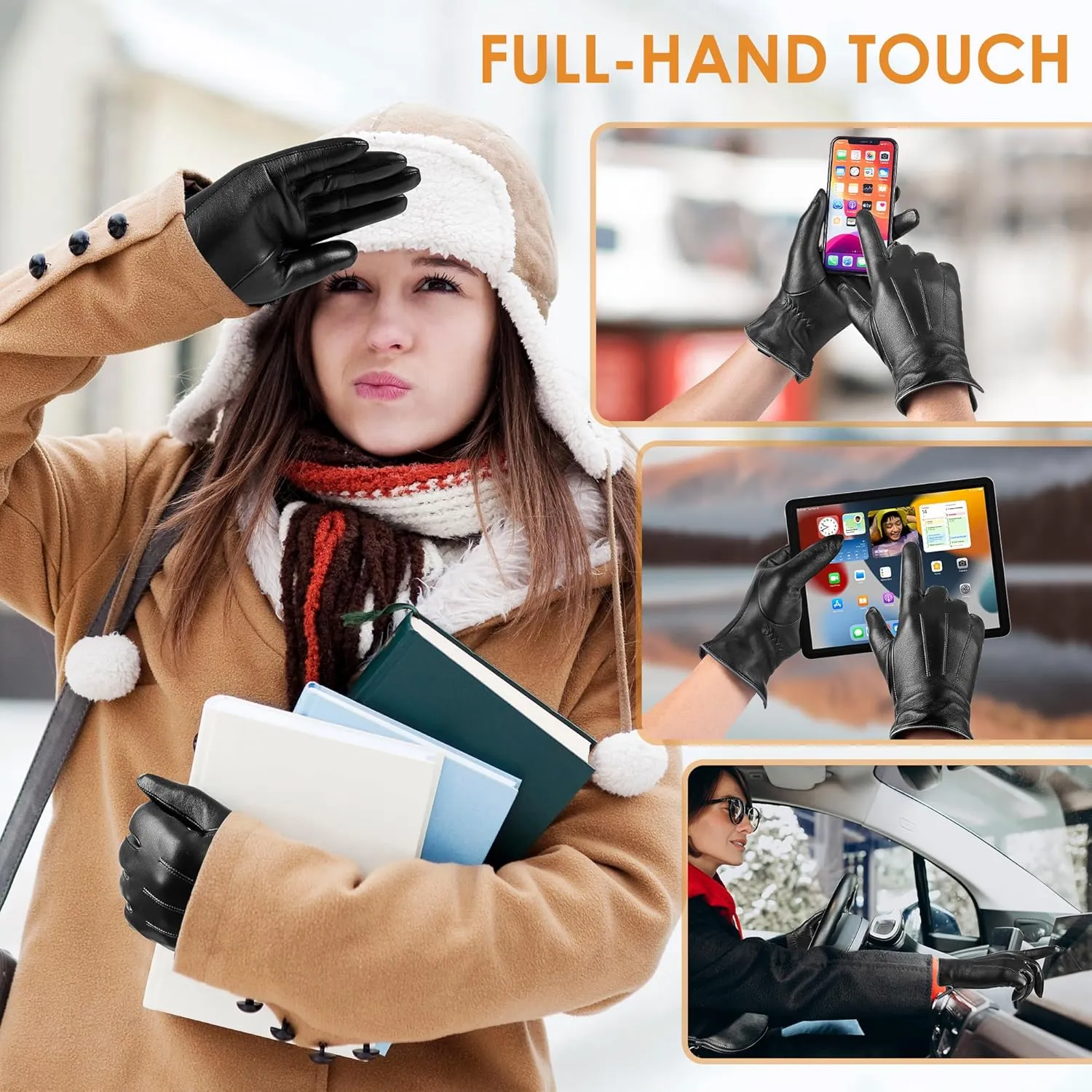 Winter Sheepskin Leather Gloves for Women,Intelligent Texting Wool Lined Touch Screen Warm Gloves