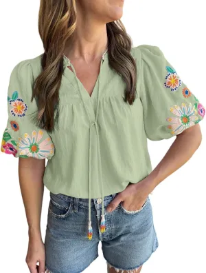 Women's Casual Floral Embroidered V Neck Boho Puff Short Sleeve Shirts Loose Tunic Summer Blouses Tops Fashion Clothes 2025
