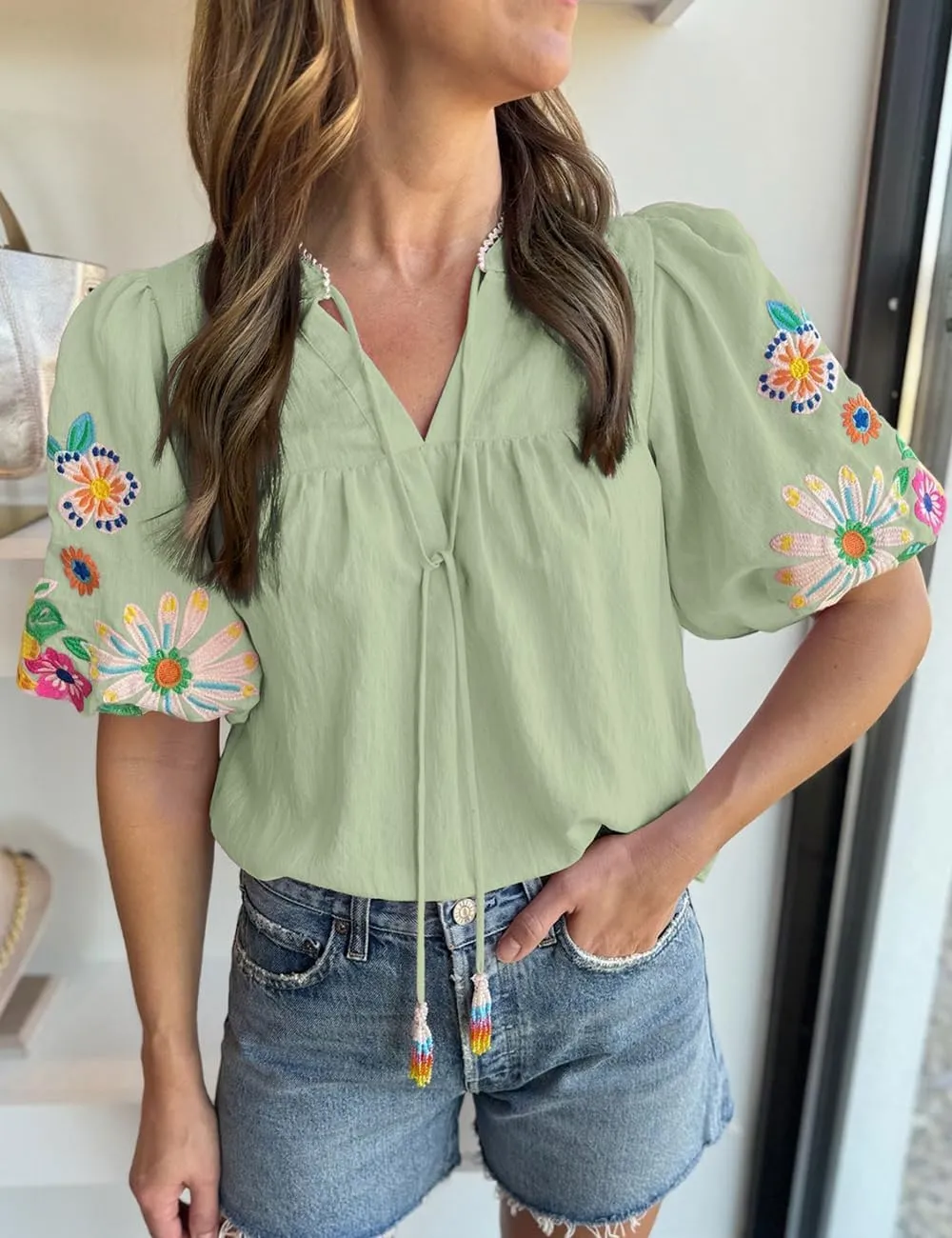 Women's Casual Floral Embroidered V Neck Boho Puff Short Sleeve Shirts Loose Tunic Summer Blouses Tops Fashion Clothes 2025