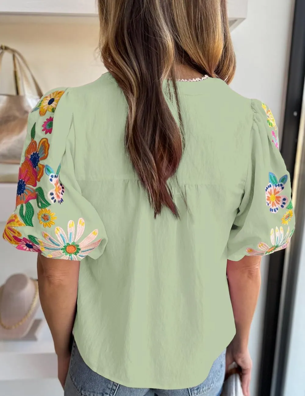 Women's Casual Floral Embroidered V Neck Boho Puff Short Sleeve Shirts Loose Tunic Summer Blouses Tops Fashion Clothes 2025
