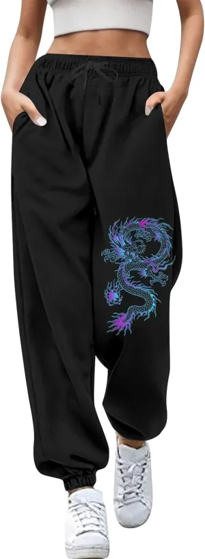 Womens Cinch Bottom Sweatpants Dragon Graphic Joggers Baggy High Waisted Drawstring Waist Active Running Pants with Pockets