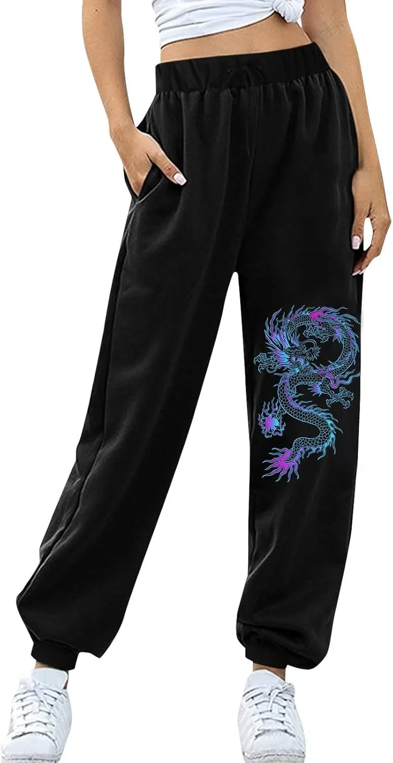 Womens Cinch Bottom Sweatpants Dragon Graphic Joggers Baggy High Waisted Drawstring Waist Active Running Pants with Pockets
