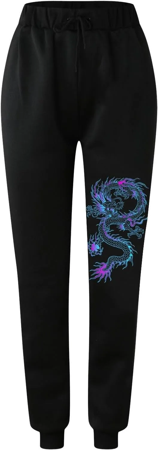 Womens Cinch Bottom Sweatpants Dragon Graphic Joggers Baggy High Waisted Drawstring Waist Active Running Pants with Pockets