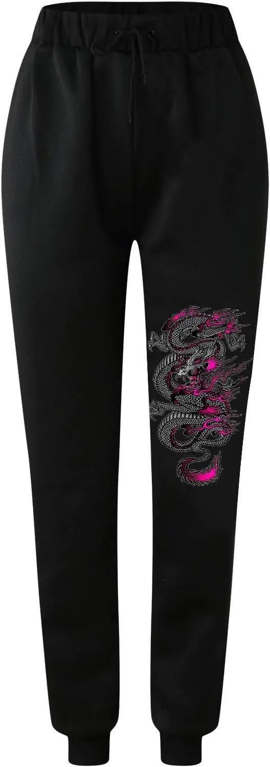 Womens Cinch Bottom Sweatpants Dragon Graphic Joggers Baggy High Waisted Drawstring Waist Active Running Pants with Pockets