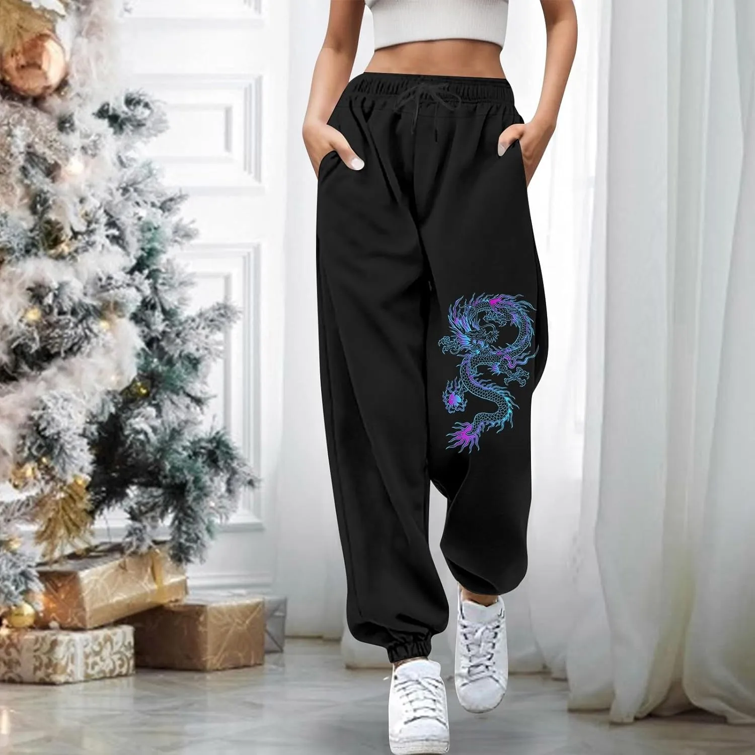 Womens Cinch Bottom Sweatpants Dragon Graphic Joggers Baggy High Waisted Drawstring Waist Active Running Pants with Pockets