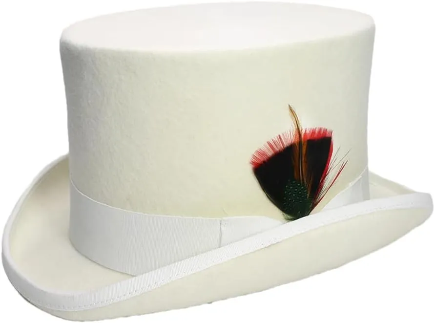 Women's Men High Round Flat Top Feathers Wool Felt Magician Hat Bowler Hat Christmas Costume Cap White M